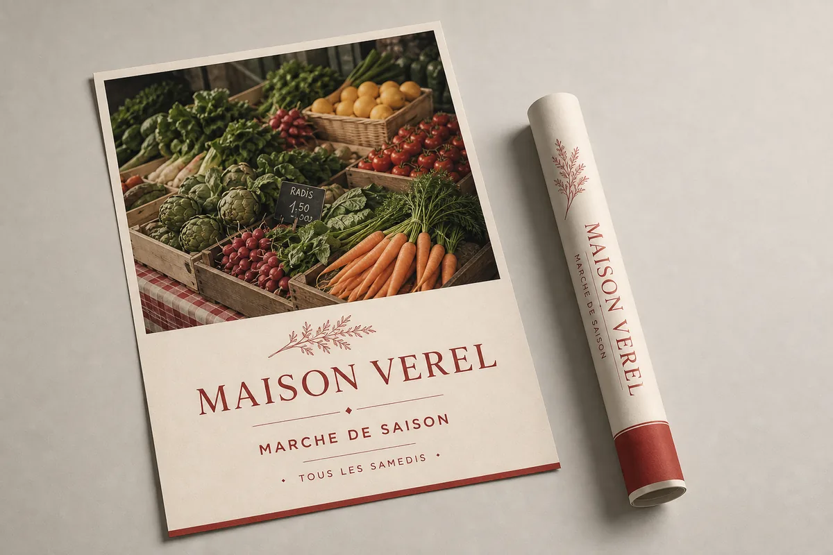 Maquette de démonstration pour une maison fictive, Maison Verel : affiche A3 de marché de saison, présentée à plat avec son tube d'expédition.