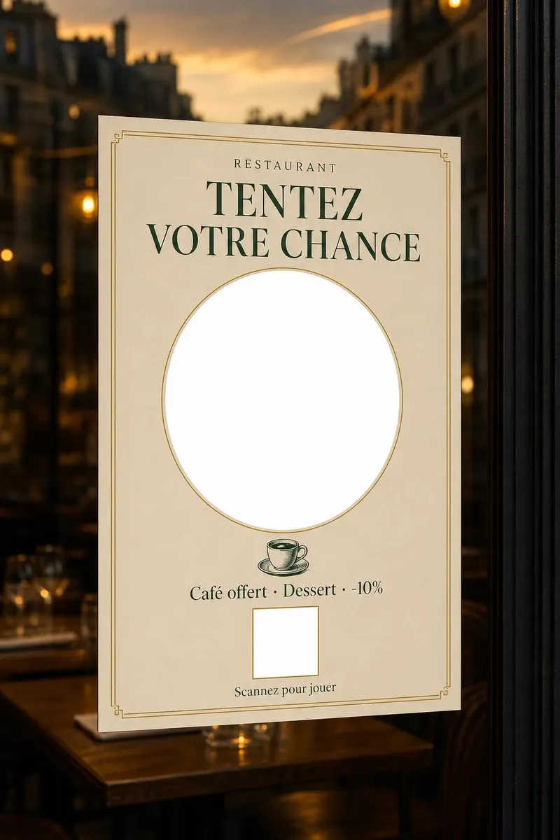 Affiche de démonstration collée sur la vitrine d'un bistrot au crépuscule