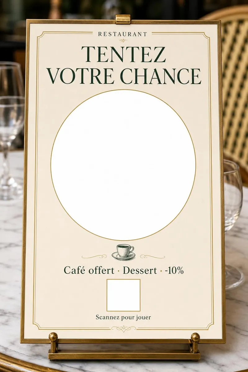 Chevalet de table en laiton sur une table de bistrot en terrasse, portant le flyer de démonstration