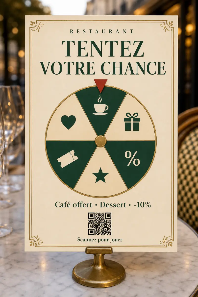 Chevalet de table en laiton sur une table de bistrot en terrasse : le flyer crème et vert bouteille annonce « Tentez votre chance », avec sa roue de la fortune dessinée au centre, ses lots et son QR imprimés dessous