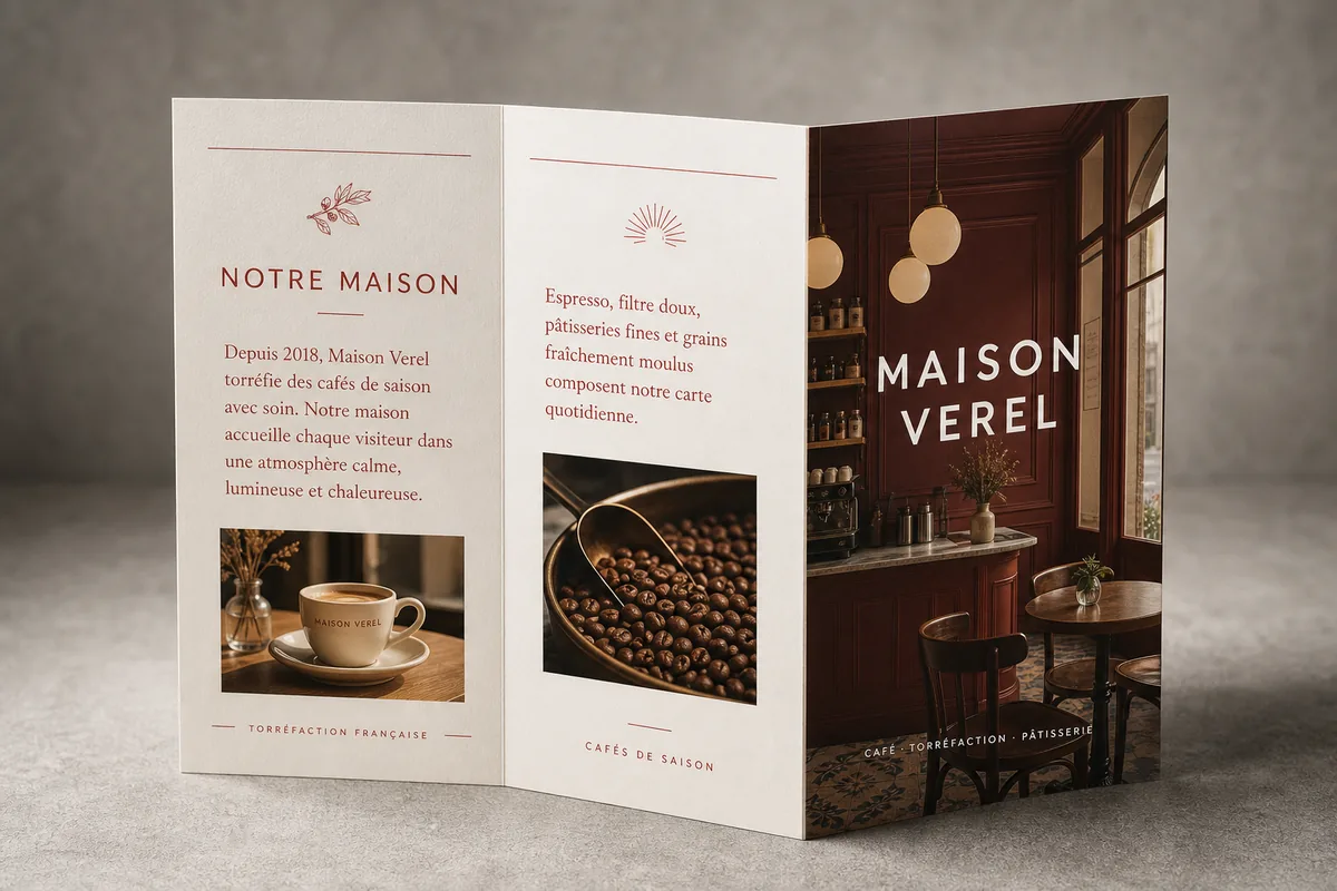 Maquette de démonstration pour une maison fictive, Maison Verel : brochure à trois volets, texte de présentation et photographies intérieures.