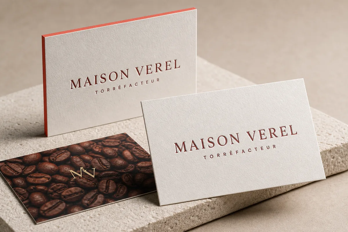 Maquette de démonstration pour une maison fictive, Maison Verel : cartes de visite gaufrées à tranche peinte, dos imprimé en quadrichromie.