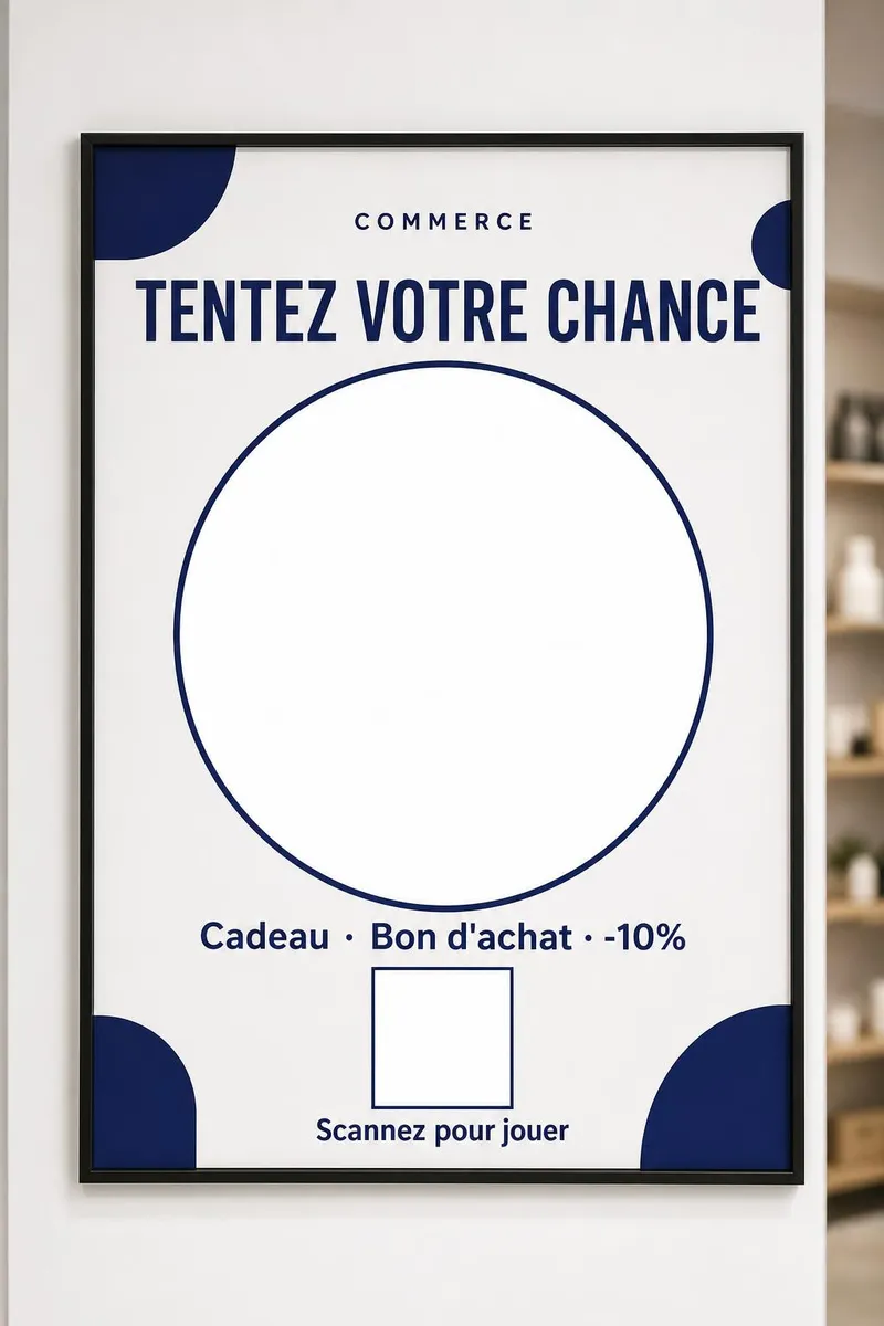 Affiche dans un cadre noir sur le mur clair d'une boutique