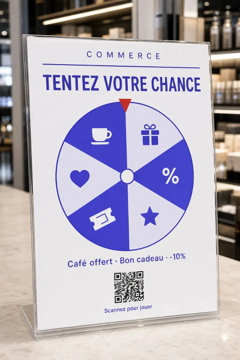 Chevalet en acrylique sur le comptoir lumineux d'une boutique moderne : flyer blanc et indigo à roue de la fortune imprimée