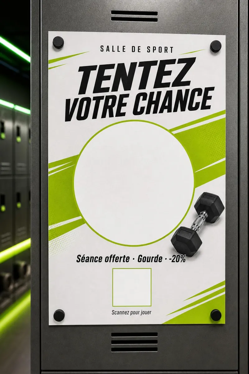Affiche aimantée sur les casiers métalliques d'un vestiaire de salle de sport