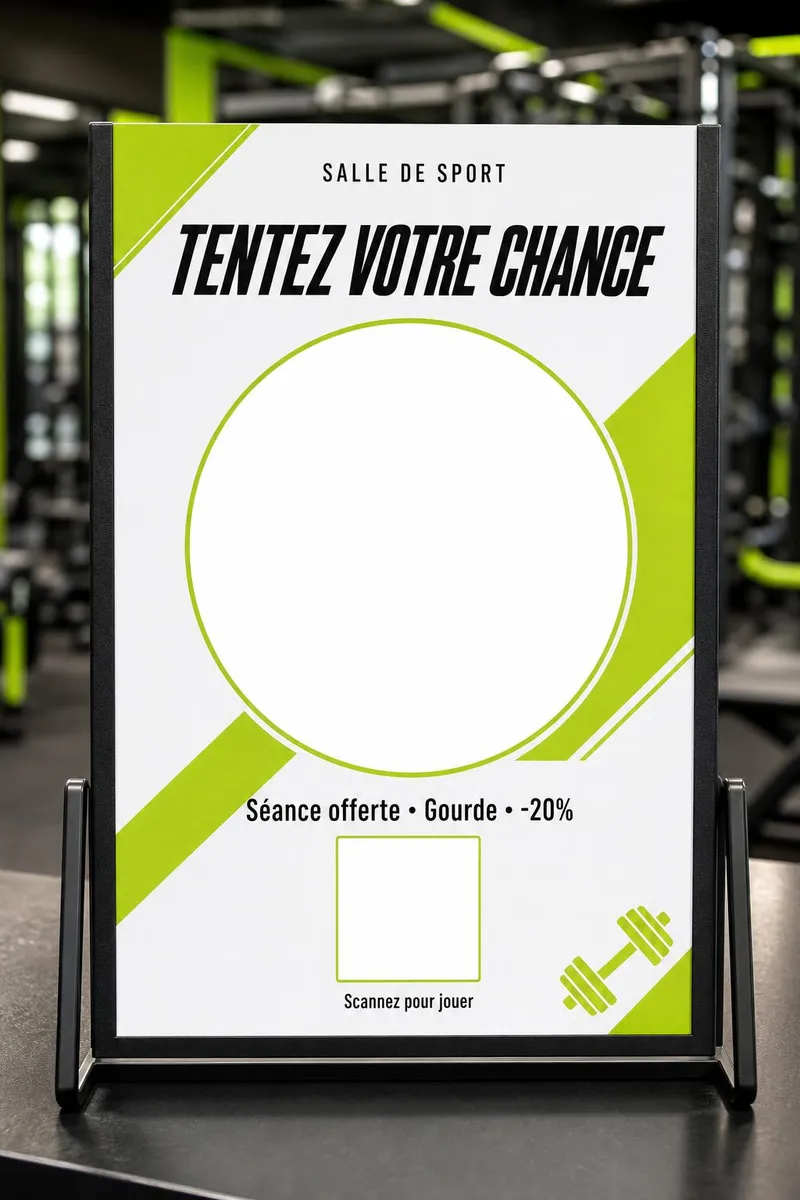Chevalet en acier sur le comptoir d'accueil d'une salle de sport
