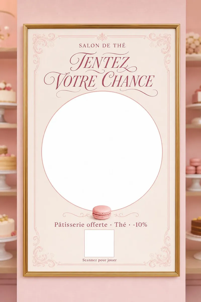Affiche dans un cadre doré sur le mur rose poudré d'une pâtisserie