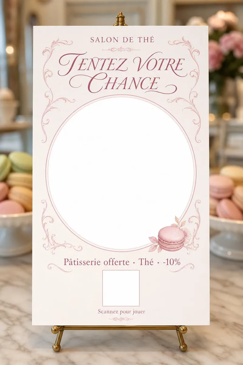 Petit chevalet doré sur une table de salon de thé en marbre, macarons pastel