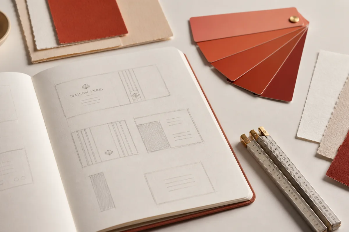 Croquis de mise en page, nuancier corail et échantillons de papier sur un bureau.