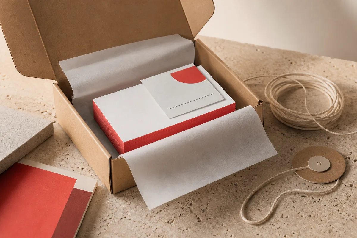 Colis kraft entrouvert révélant une pile de cartes à tranche corail sous papier de soie.
