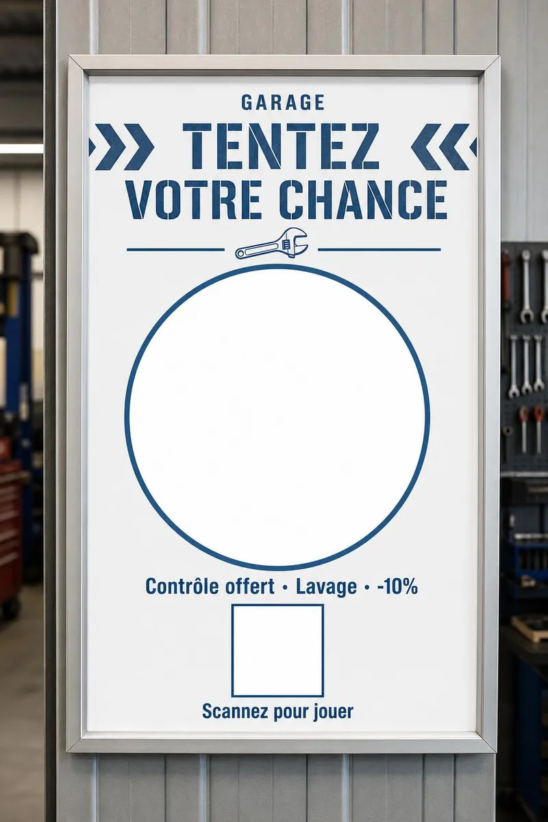 Affiche dans un cadre aluminium sur le mur d'un atelier automobile