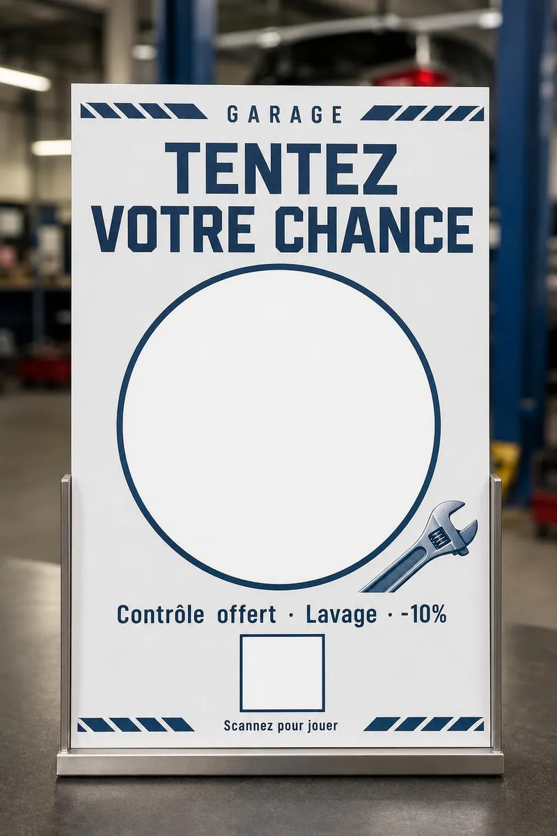 Support métallique sur le comptoir d'accueil d'un garage automobile