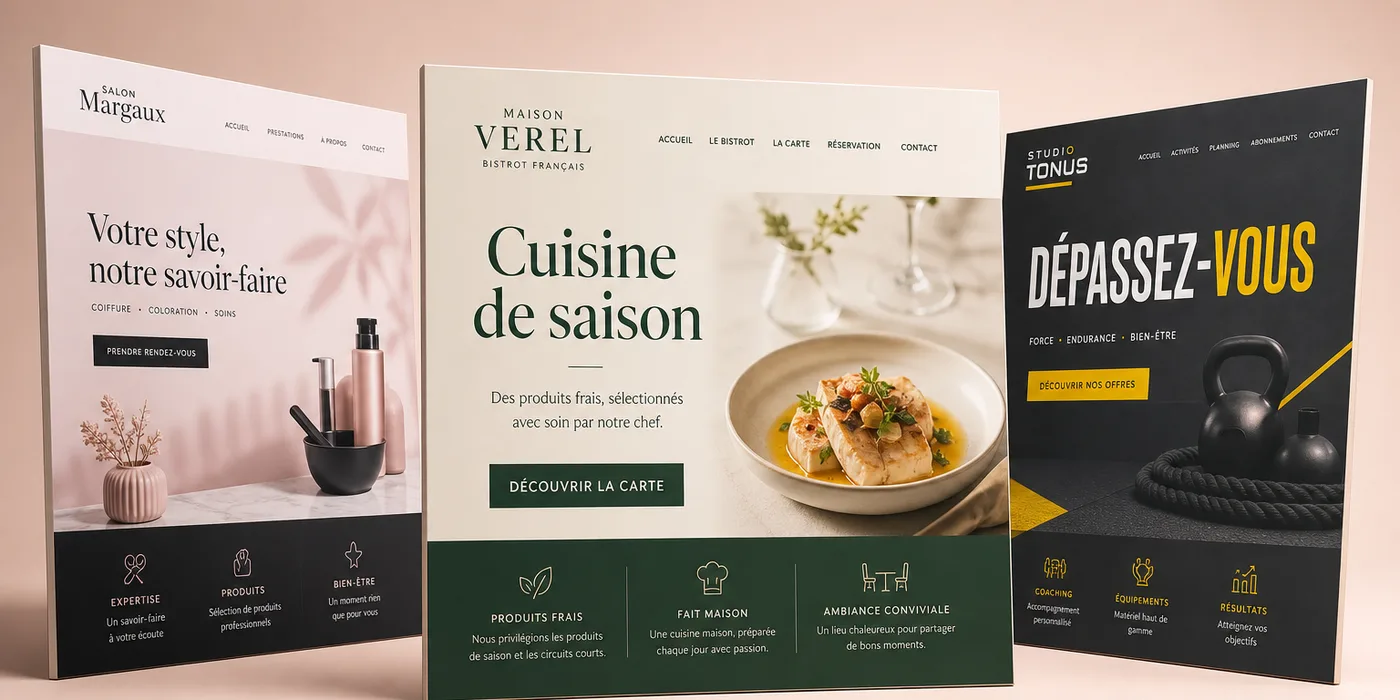 Trois maquettes de démonstration de pages locales en éventail : le bistrot fictif Maison Verel, le salon fictif Salon Margaux et la salle de sport fictive Studio Tonus