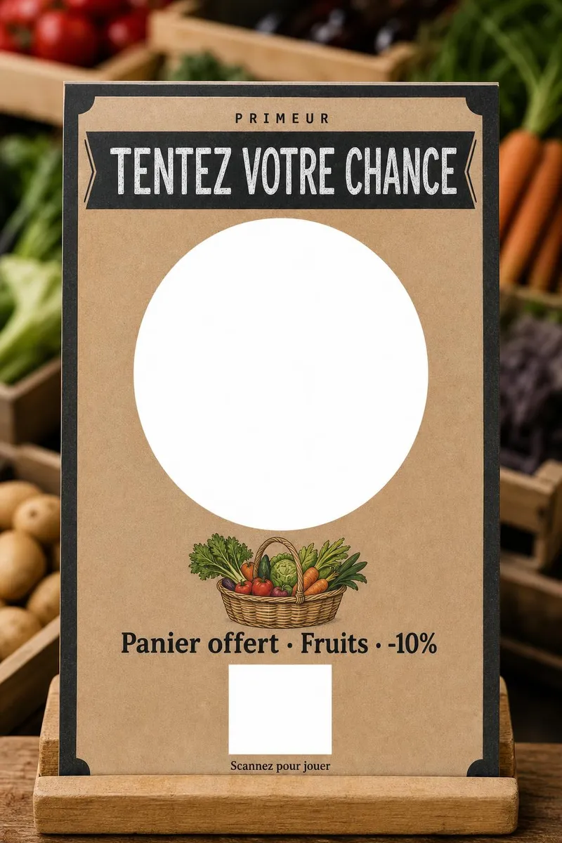Porte-étiquette en bois sur un étal de primeur, cagettes de légumes