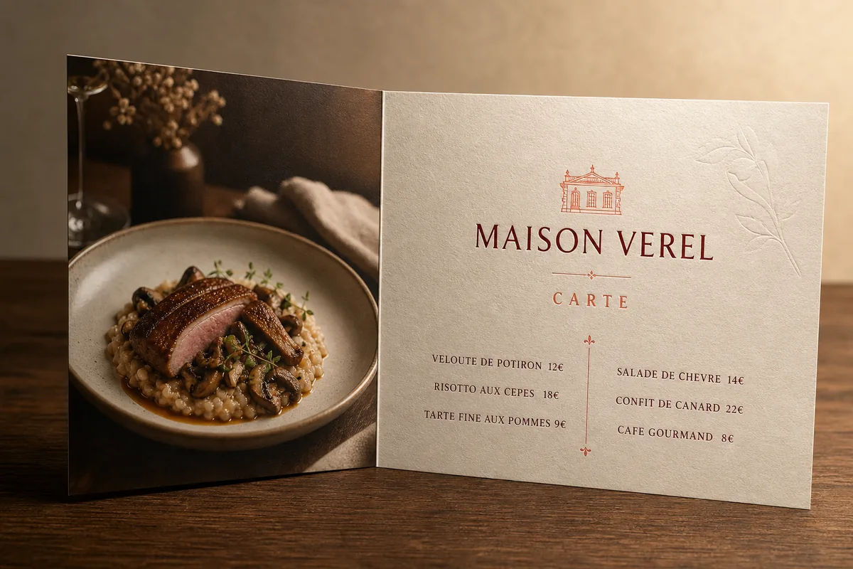 Maquette de démonstration pour une maison fictive, Maison Verel : menu plié, photographie d'un plat et carte à deux colonnes avec prix.