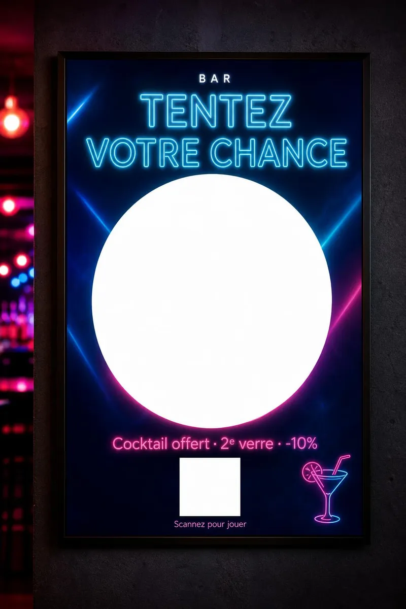 Affiche encadrée sur le mur sombre d'un bar, reflets de néon