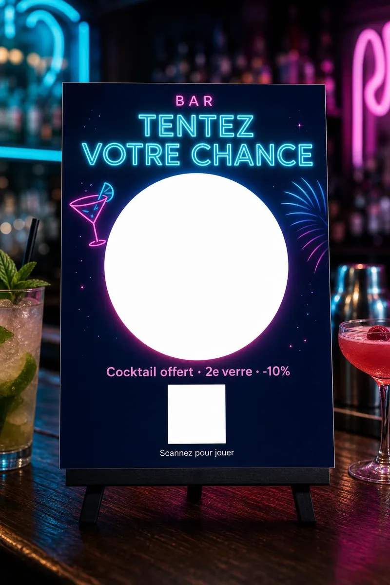 Chevalet sur un comptoir de bar de nuit, néons cyan et magenta