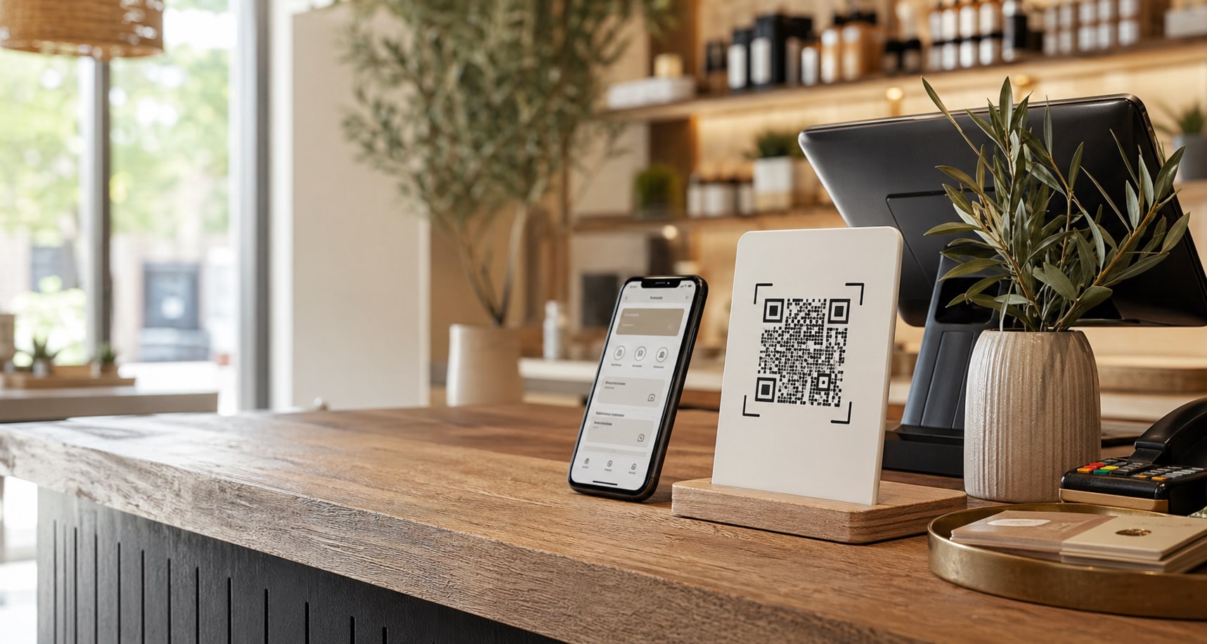 Comptoir de commerce local avec QR code en caisse et téléphone client
