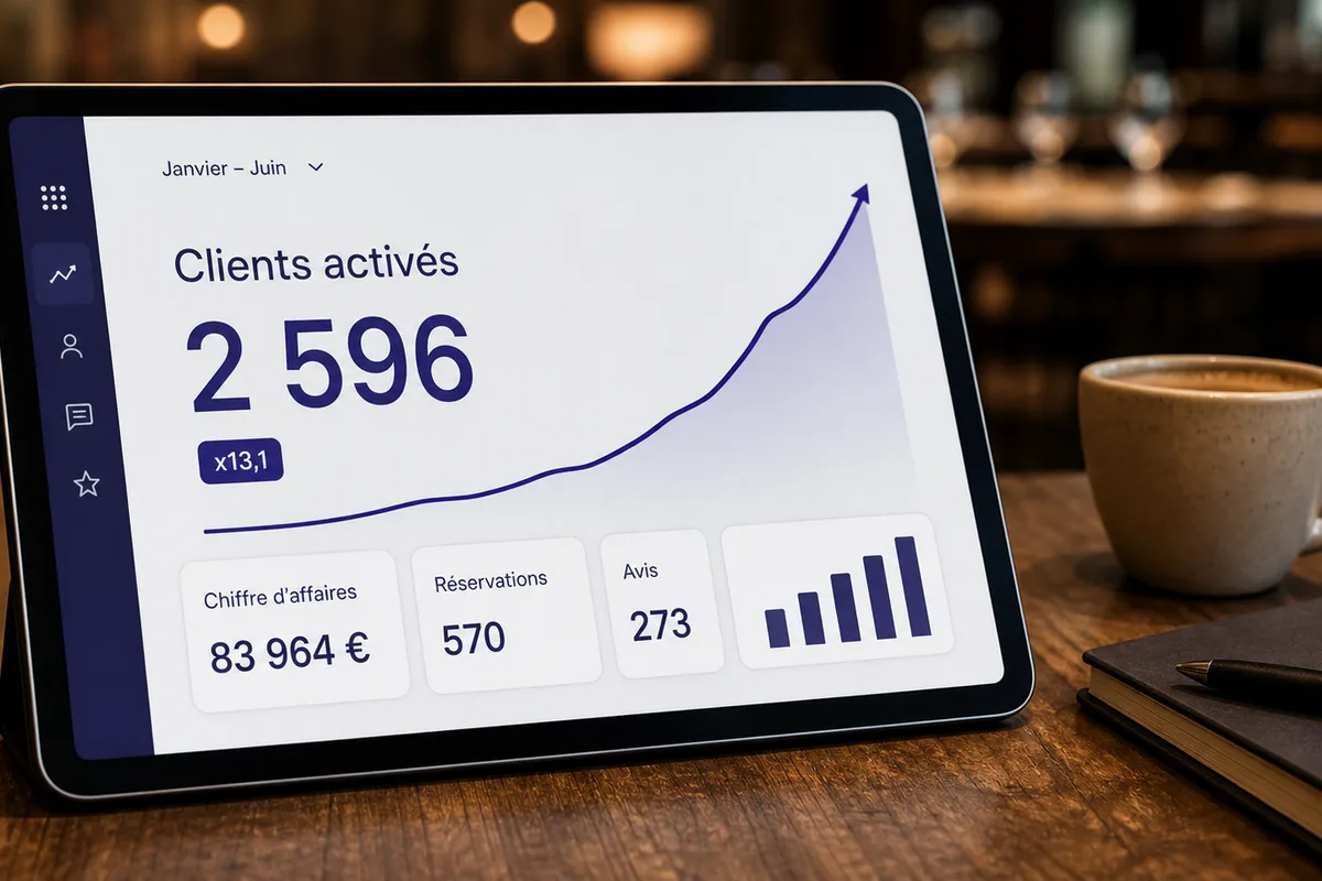 Illustration du scénario : tablette posée sur une table de restaurant, affichant la courbe de croissance simulée des clients activés