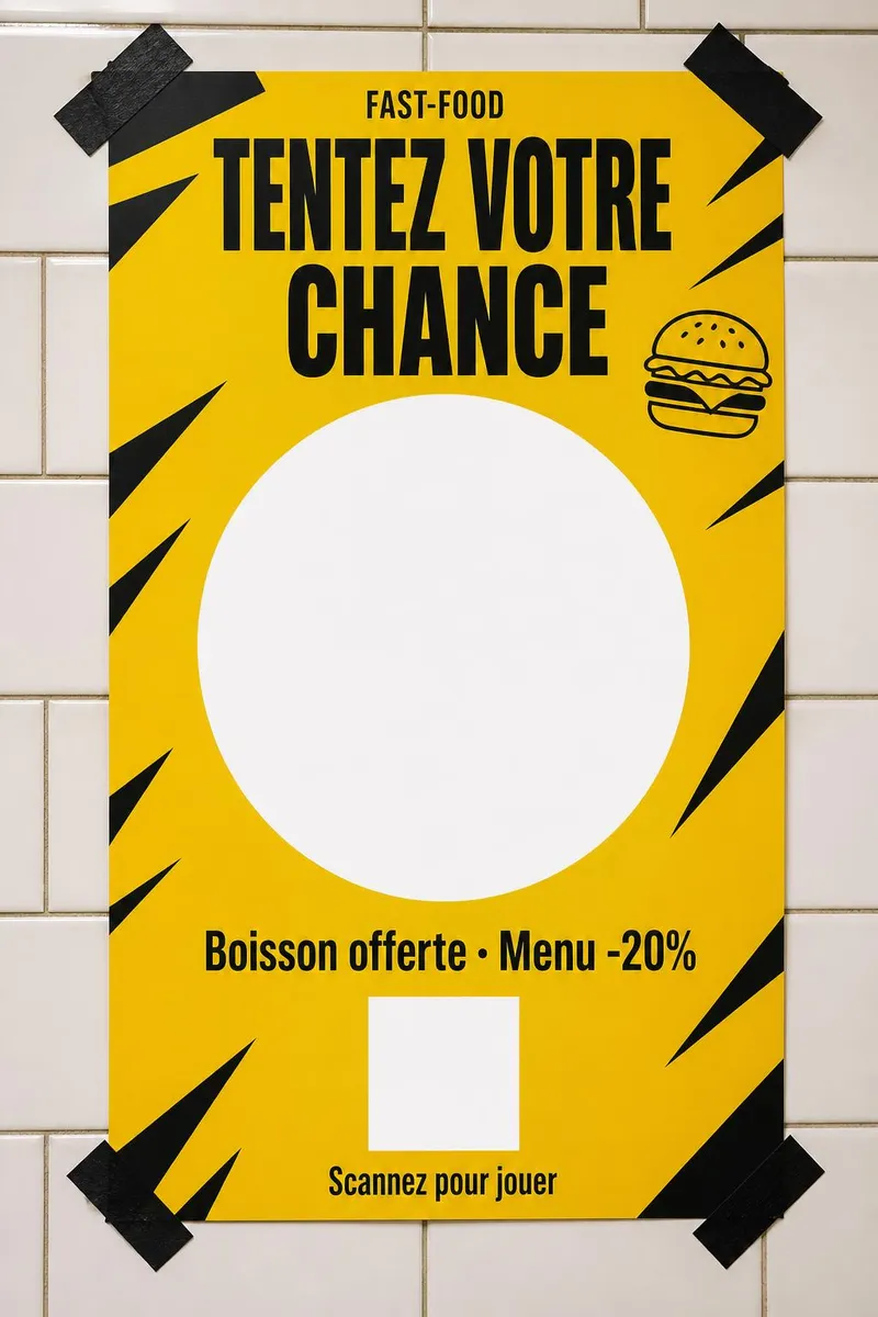 Affiche scotchée au mur carrelé d'un kebab, ambiance néon jaune