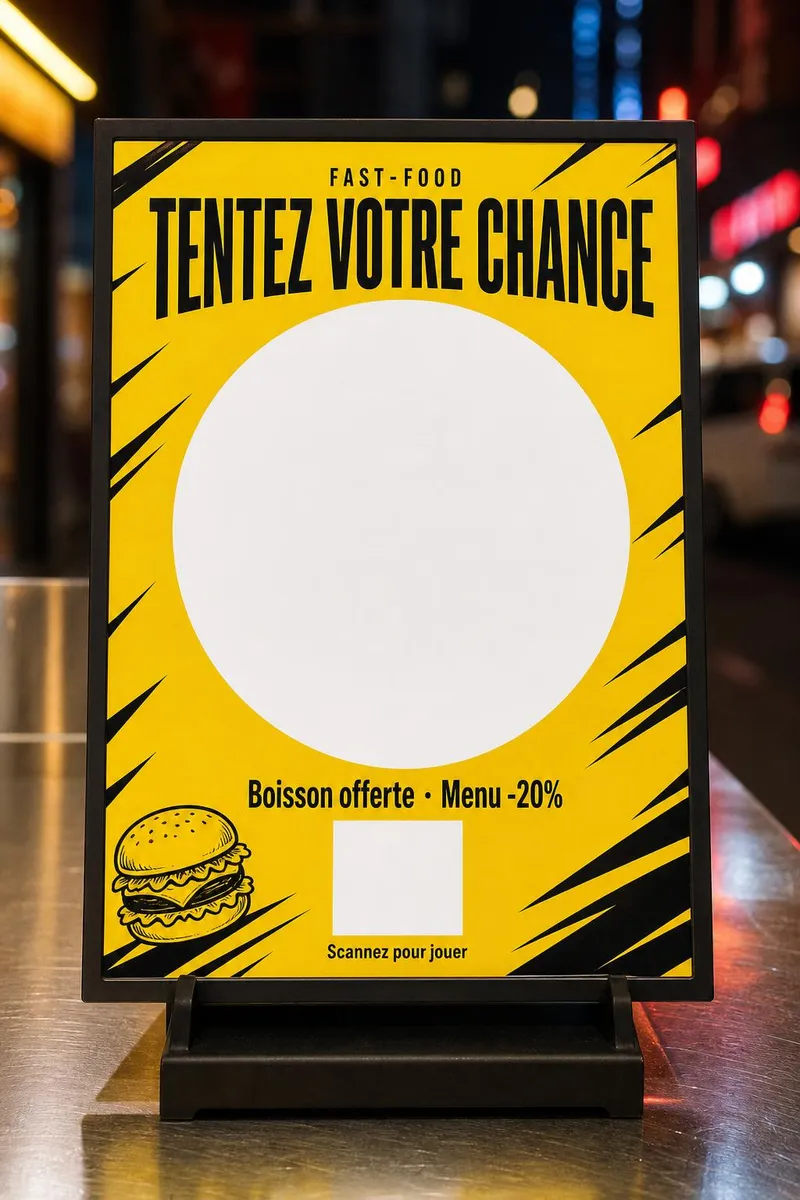 Chevalet noir sur le comptoir en inox d'un fast-food, néons en arrière-plan
