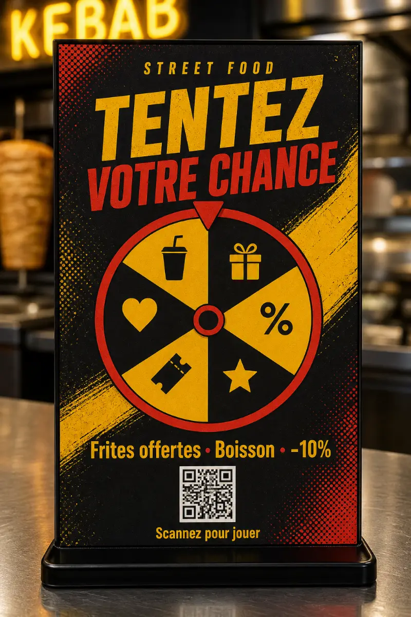 Chevalet noir sur le comptoir en inox d'un fast-food : flyer charbon et moutarde en capitales, roue de la fortune imprimée, lots et QR dessous