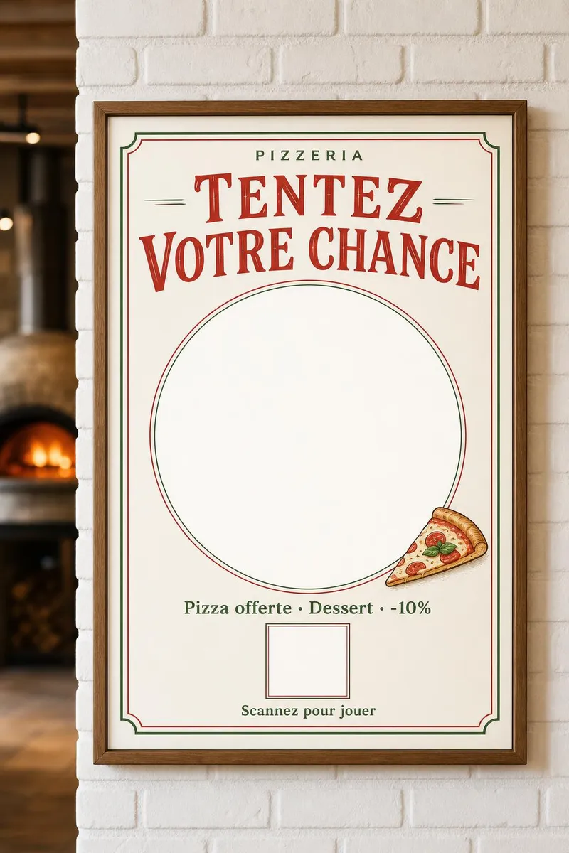 Affiche encadrée sur le mur de briques blanches d'une pizzeria, four à bois en arrière-plan