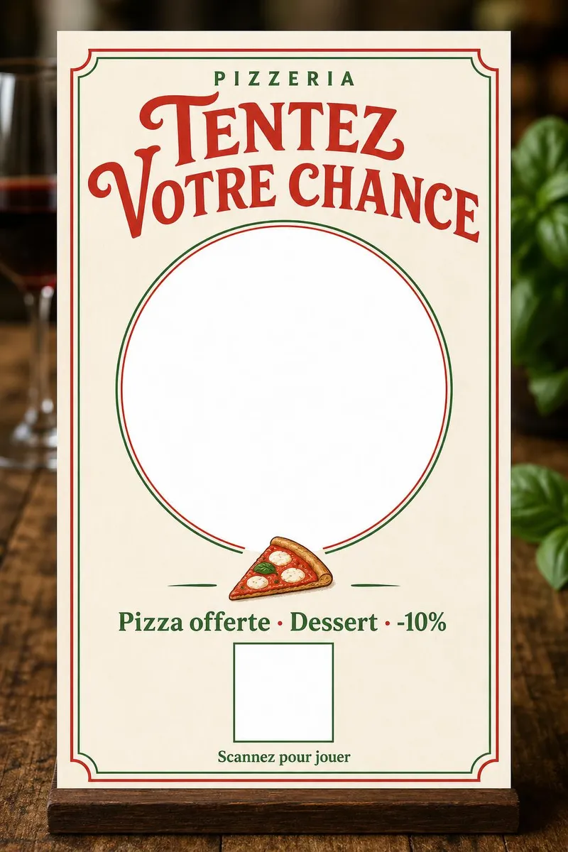 Porte-carte en bois sur une table de trattoria, nappe vichy et verre de vin