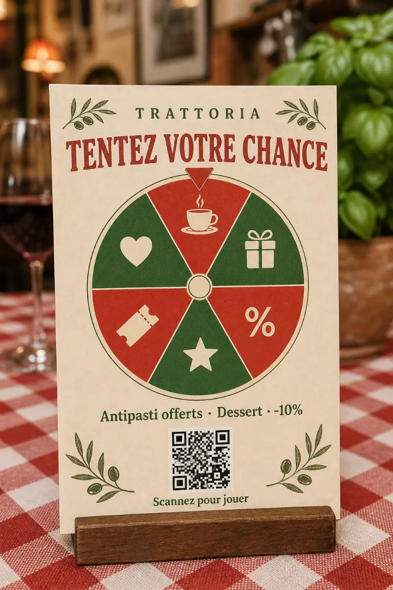 Porte-carte en bois sur une table de trattoria, nappe vichy et verre de vin : le flyer rouge et crème montre sa roue de la fortune et ses lots